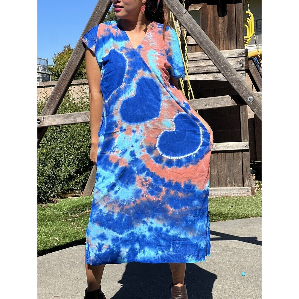 Womens Handmade Tie Dyed Blue Heart Beach Boho Hippie Flower Design Fit SML